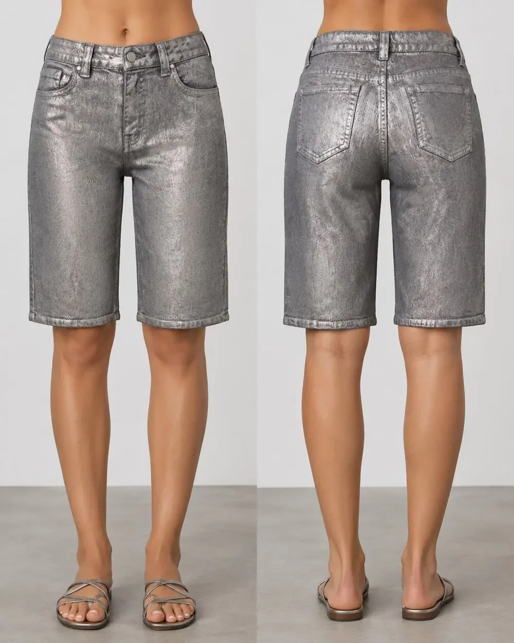Cache Silver Coated Denim Short Pant Stretch Bermuda City Walking New $98 NWT 2